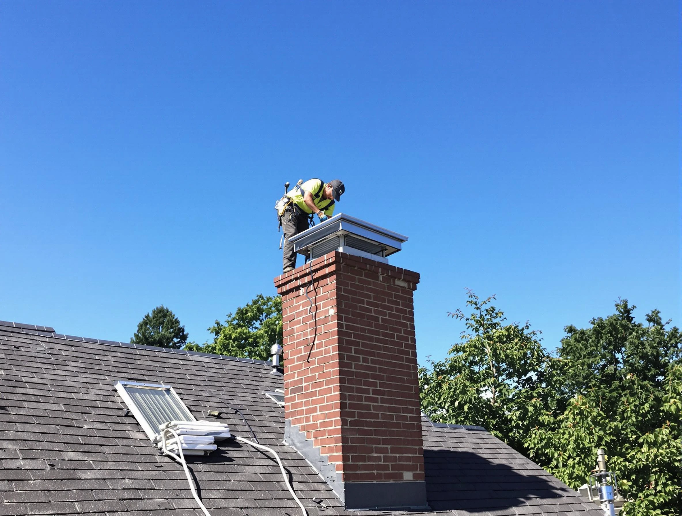 Cumberland Chimney Sweep technician measuring a chimney cap in Cumberland, RI